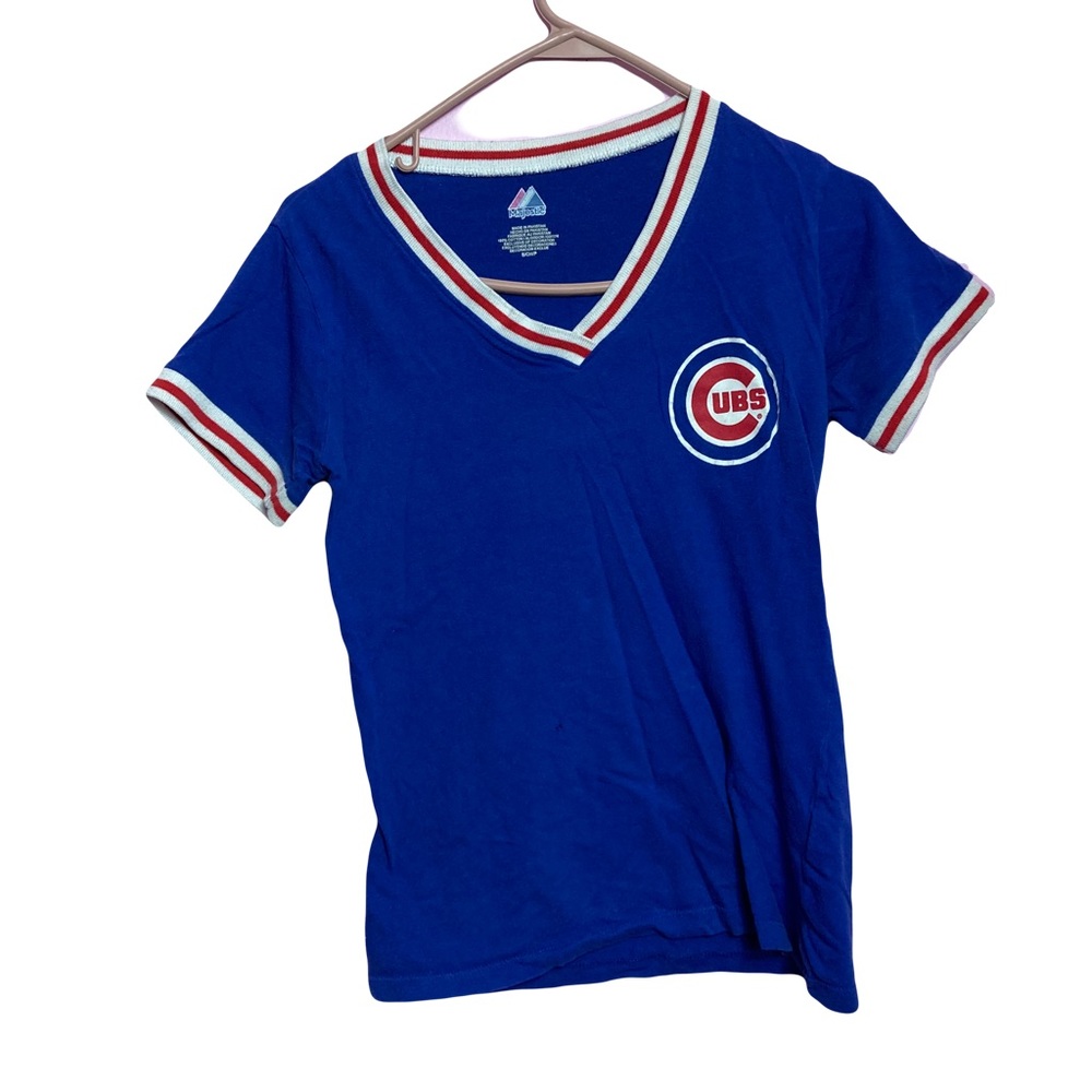 Majestic Cubs Tee Blue White and Red Short Sleeve Size Small V Neck